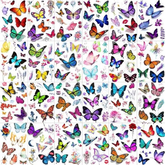 24 Sheets 155+ PCS 3D Colorful Butterfly Temporary Tattoos For Women Arm Boobs, - Picture 1 of 7